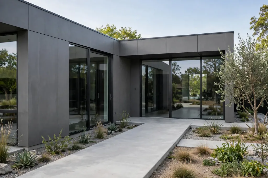 Modern flat roofed house with graphite grey panels, large glass windows, and a concrete front path.