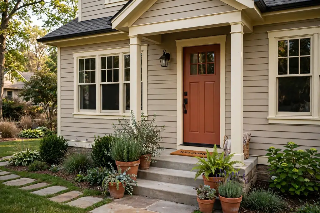Warm greige house with cream trim, a terracotta front door, and potted plants by the steps.