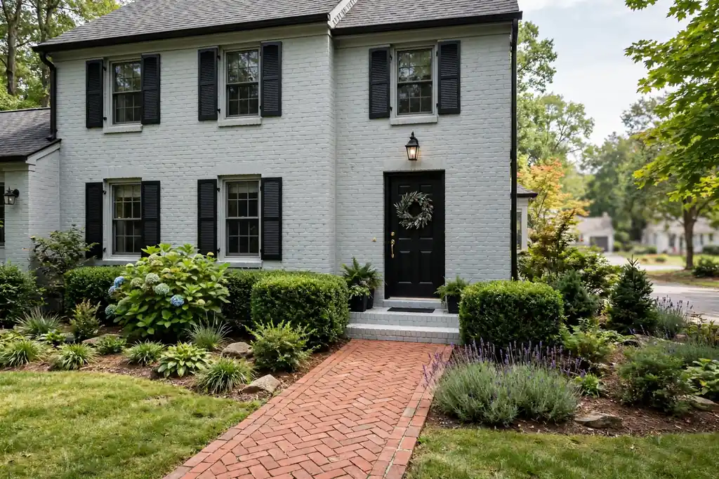 Light grey brick house with black shutters, a black front door, and a brick walkway.