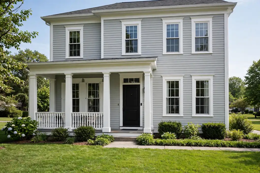Classic light grey house with white trim, white porch columns, and a black front door.