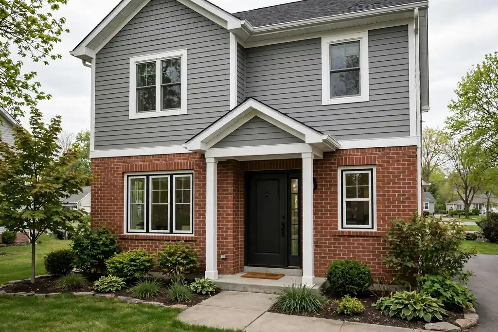 House combining warm red brick lower walls with grey siding above, white trim, and a dark front door.