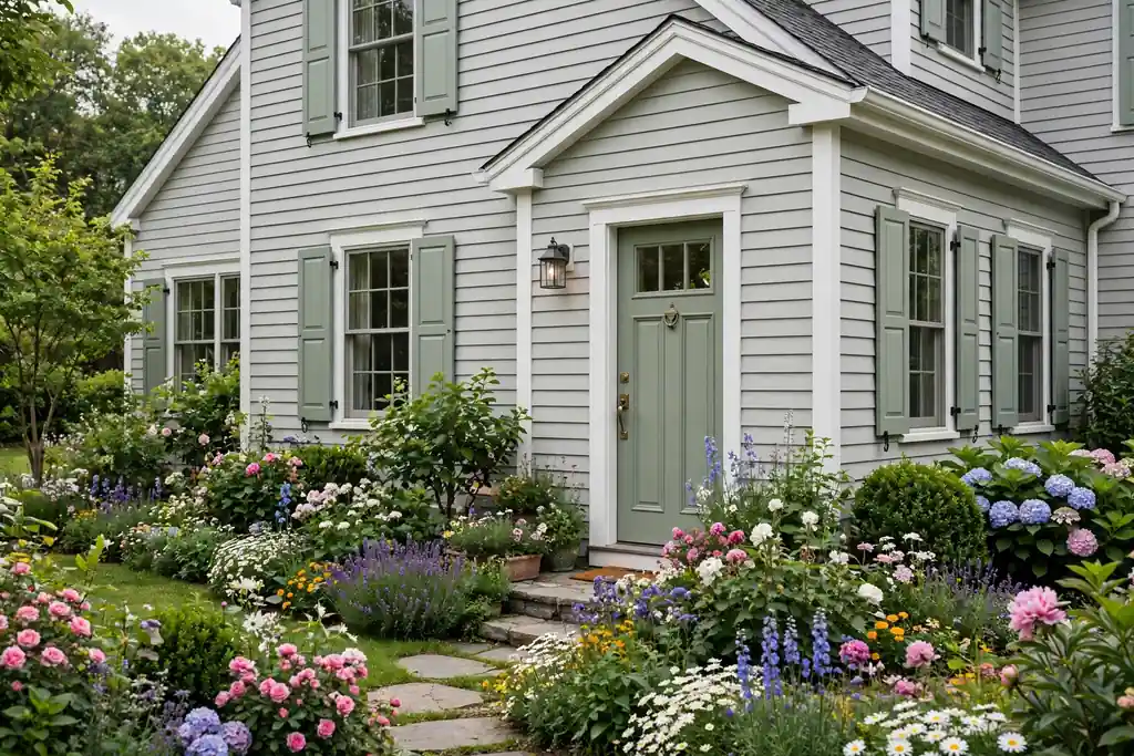 Pale grey house with sage green shutters and front door, white trim, and a flower filled garden.