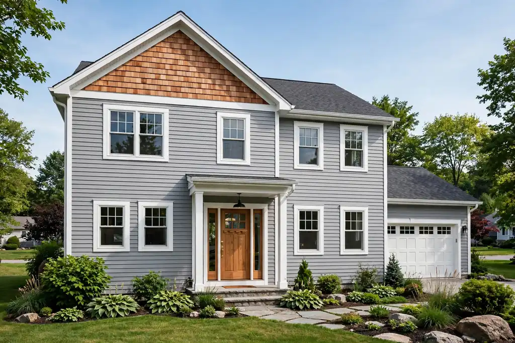 Silver grey house with cedar shingle accents on the gable, white trim, and a wooden front door.