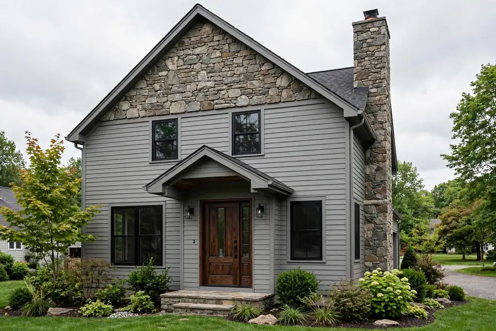Grey house with a natural stone gable and chimney, grey siding, and a dark wood front door.