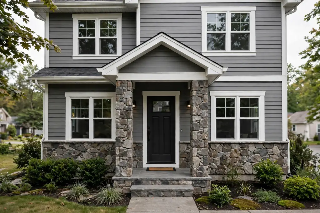 Medium grey house with a natural stone veneer base, white trim, and a dark front door.