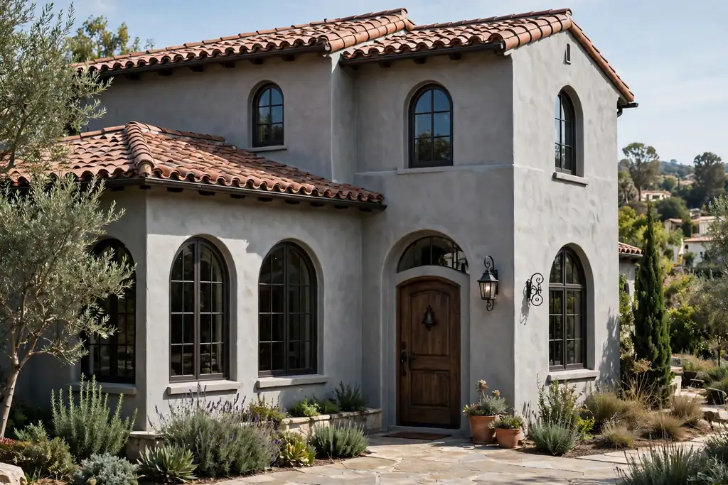 Grey stucco house with a terracotta tile roof, arched windows, and a dark wood front door.