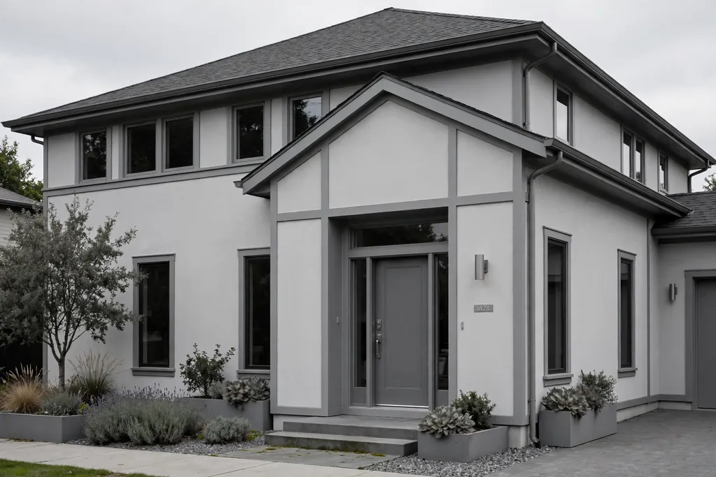 Tonal grey house with pale grey walls, mid grey trim, a dark grey roof, and a grey front door.
