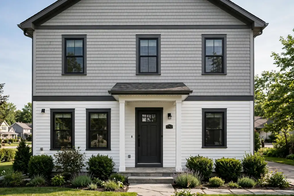 Two tone house with grey siding above and white siding below, divided by a crisp trim board.