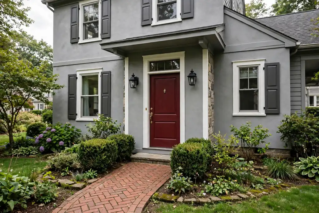 Soft grey house with a deep wine red front door, white trim, black lantern lights, and a brick front path.