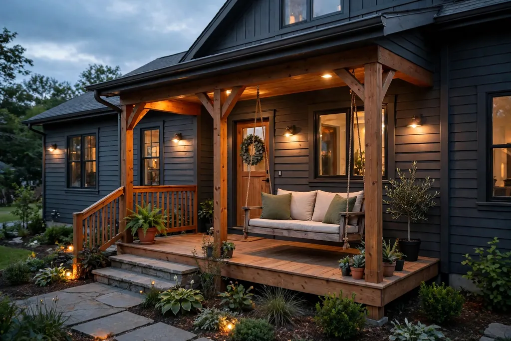 Dark grey house with a warm wood front porch, a wooden porch swing, and soft evening porch lights.