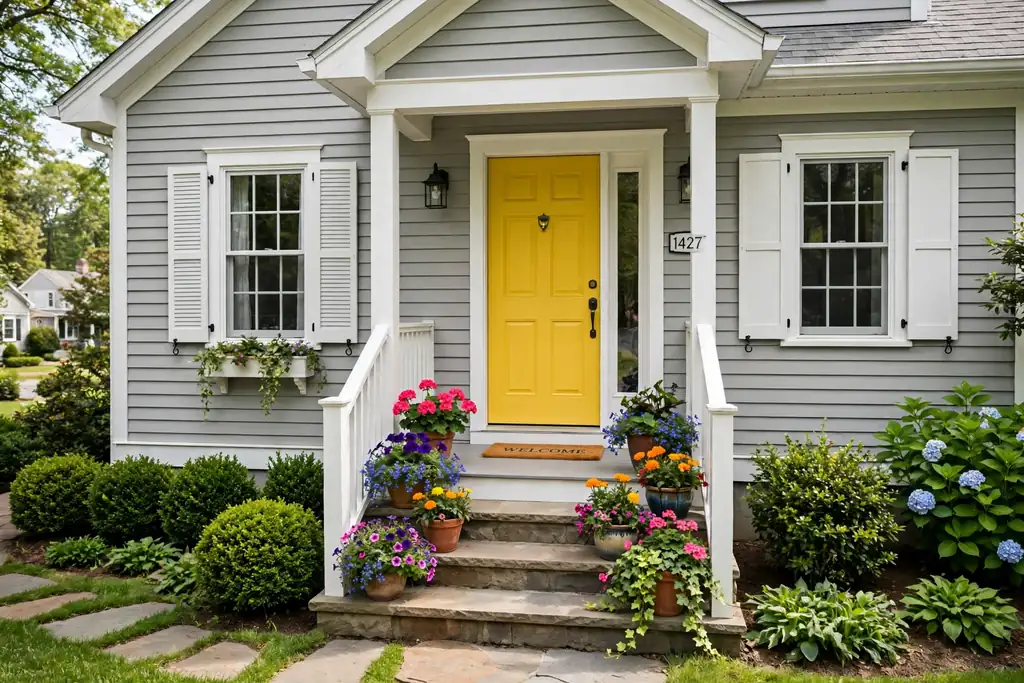 Light grey house with a bright yellow front door, white trim, and flower pots on the porch steps.