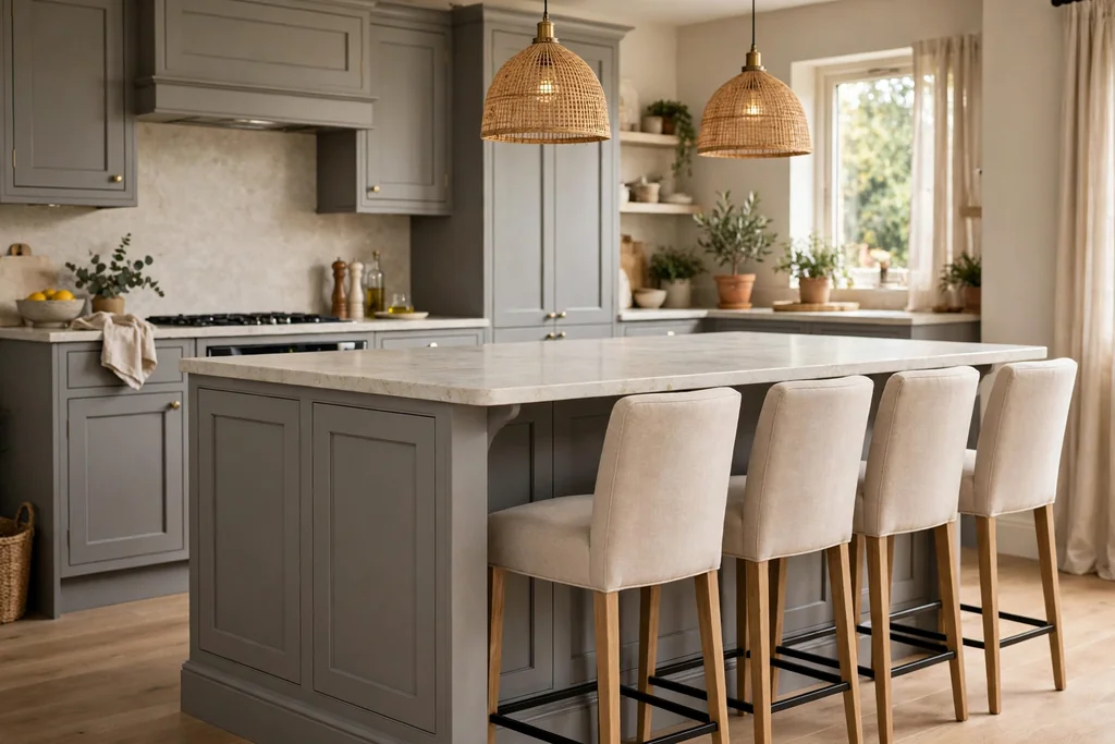 Grey kitchen island with beige upholstered bar stools.