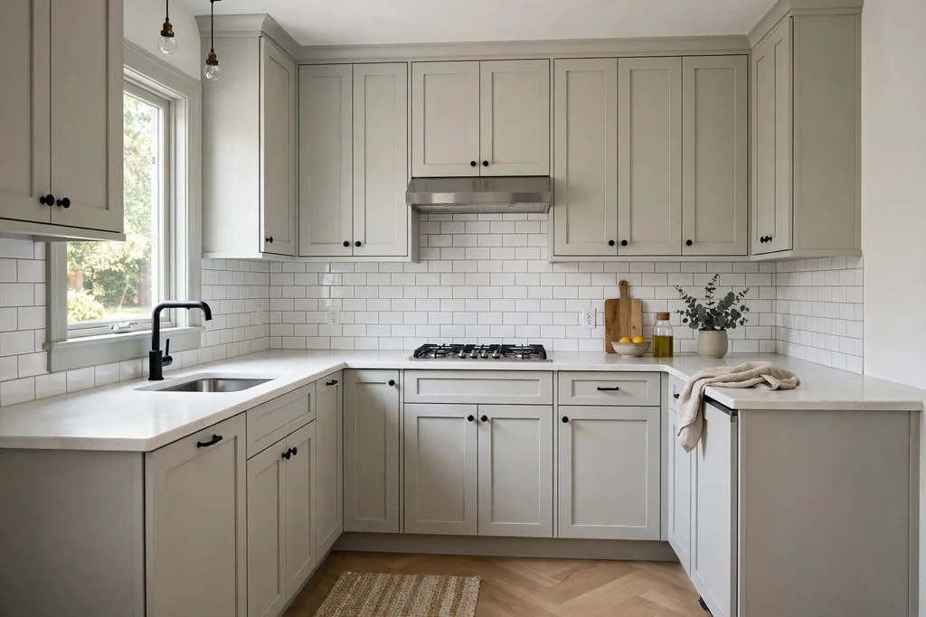 Small kitchen with pale grey shaker cabinets, white counters, and a white tile backsplash.
