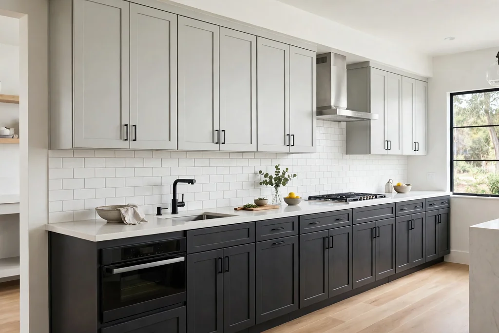 Kitchen with charcoal base cabinets, pale grey upper cabinets, and a light counter between them.