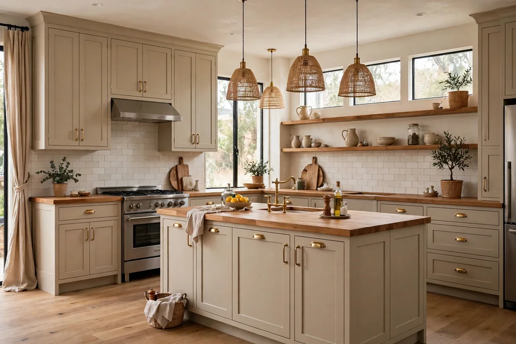 Kitchen with warm greige cabinets, a wood countertop, and brass handles.