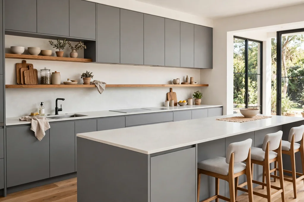 Modern kitchen with flat front grey cabinets, a pale counter, and wood shelves.