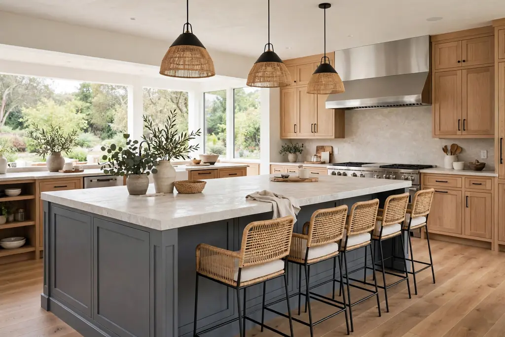 Large kitchen with a slate grey island, counter stools, and a light stone top.