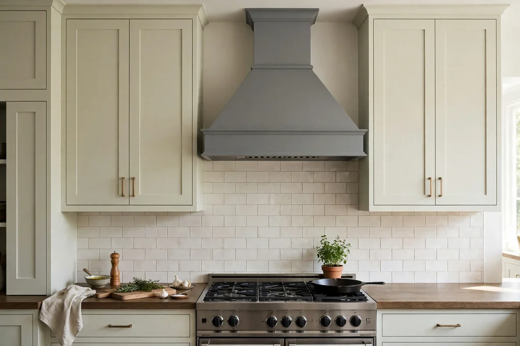 Kitchen cooking wall with a grey painted range hood above a range and pale cabinets.