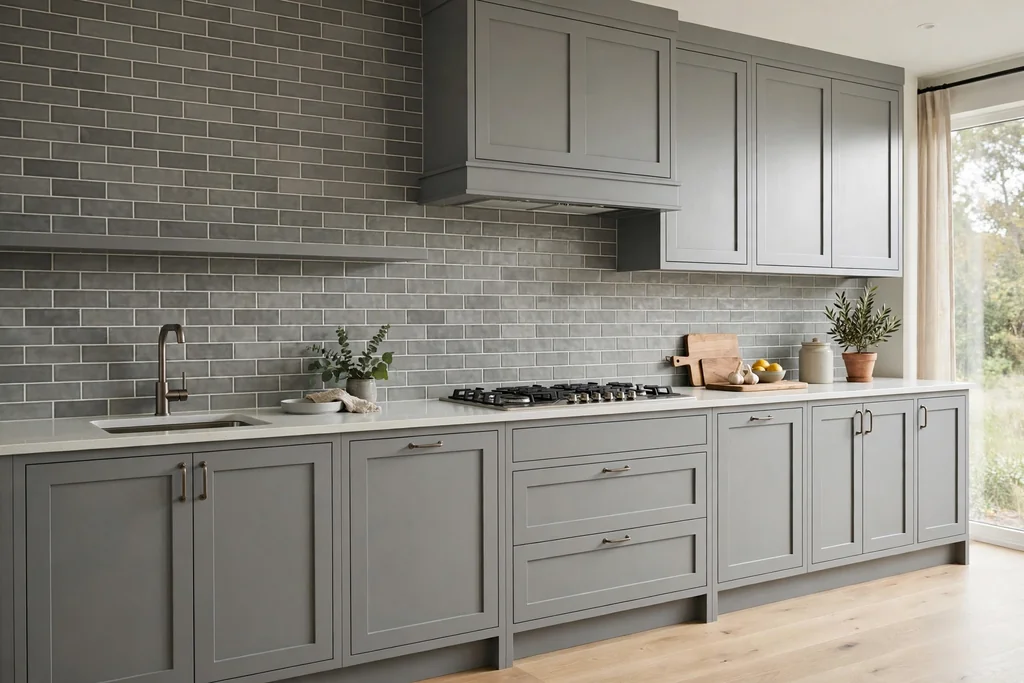 Kitchen with a grey subway tile backsplash, grey cabinets, and a pale counter.