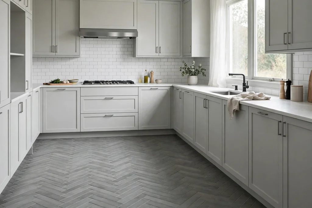 Kitchen with grey herringbone floor tiles, pale grey cabinets, and a white counter.