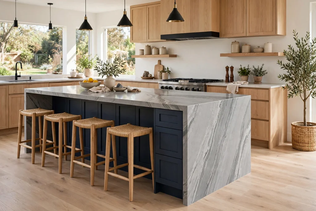 Kitchen island with a grey veined quartz top running down the side to the floor.