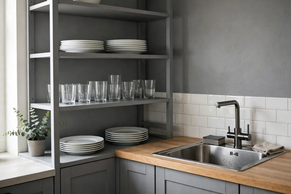 Grey open kitchen shelves holding white plates and clear glasses beside a sink.