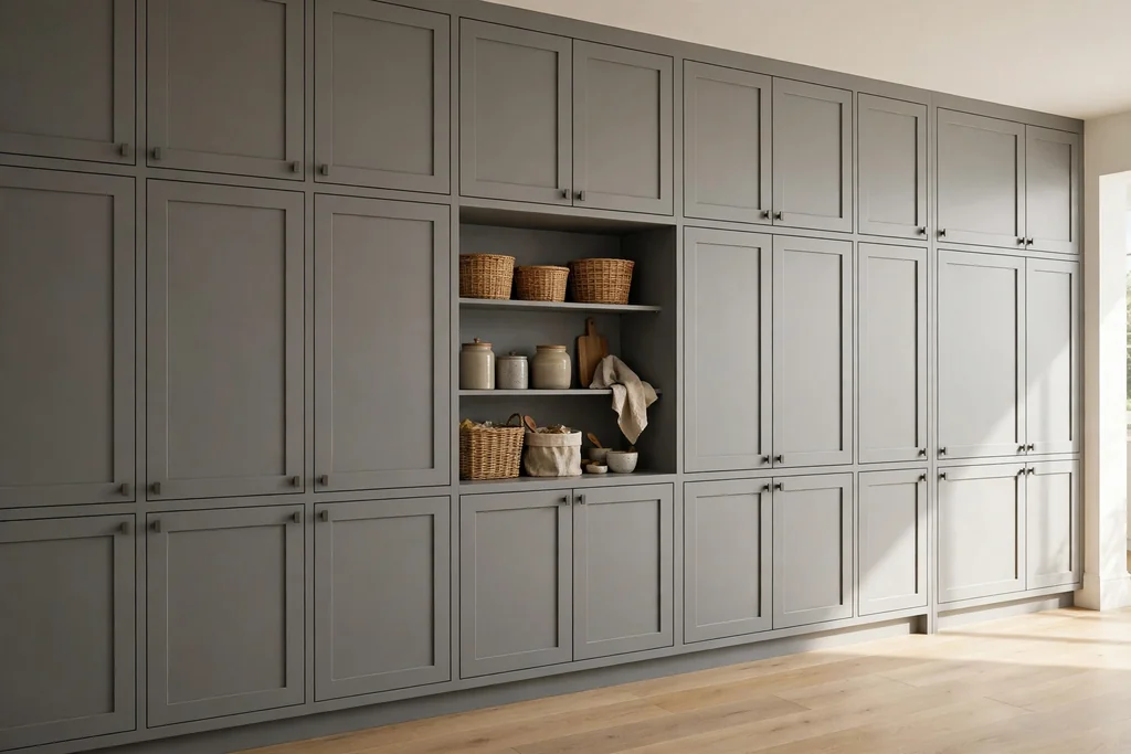 Floor to ceiling grey pantry wall with closed cabinets and one open shelf niche.