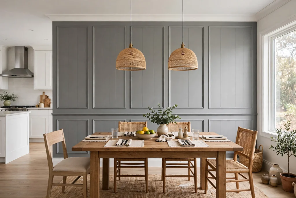 Kitchen dining wall with grey painted panelling, white trim, and a wood table.