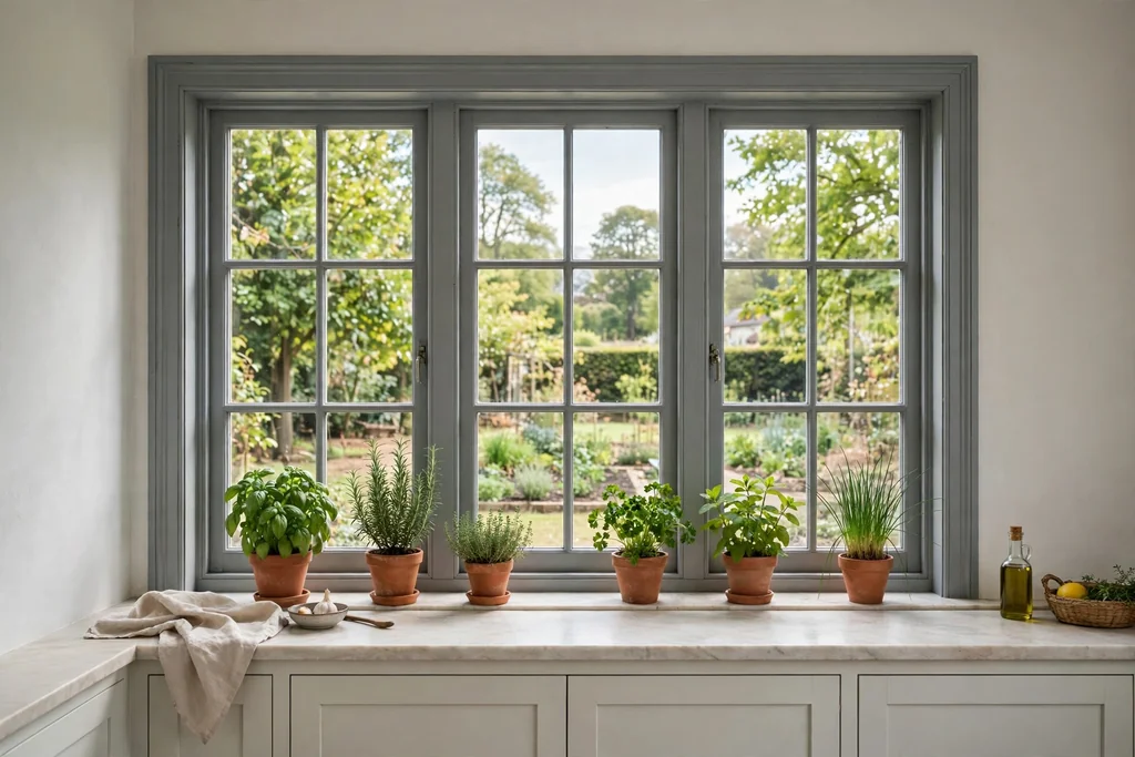 Kitchen window with a grey painted frame, pale walls, and herb pots on the sill.