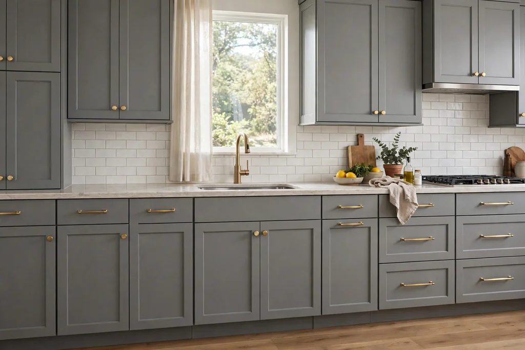 Grey kitchen cabinets with brushed brass bar pulls, knobs, and a matching tap.