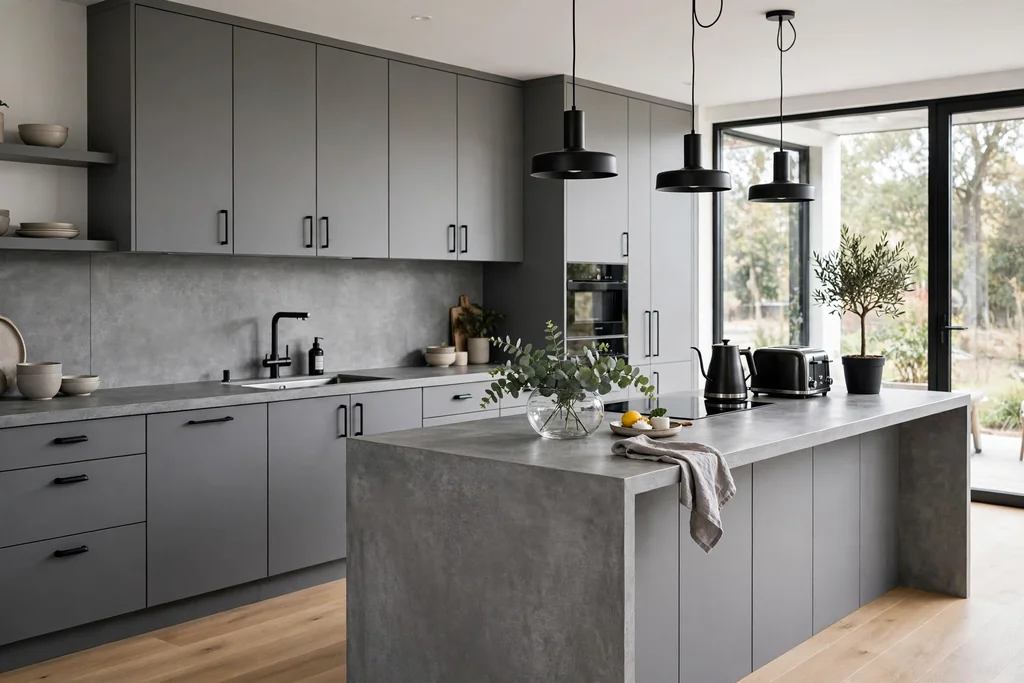 Modern kitchen with a grey concrete look counter, grey cabinets, and black hardware.