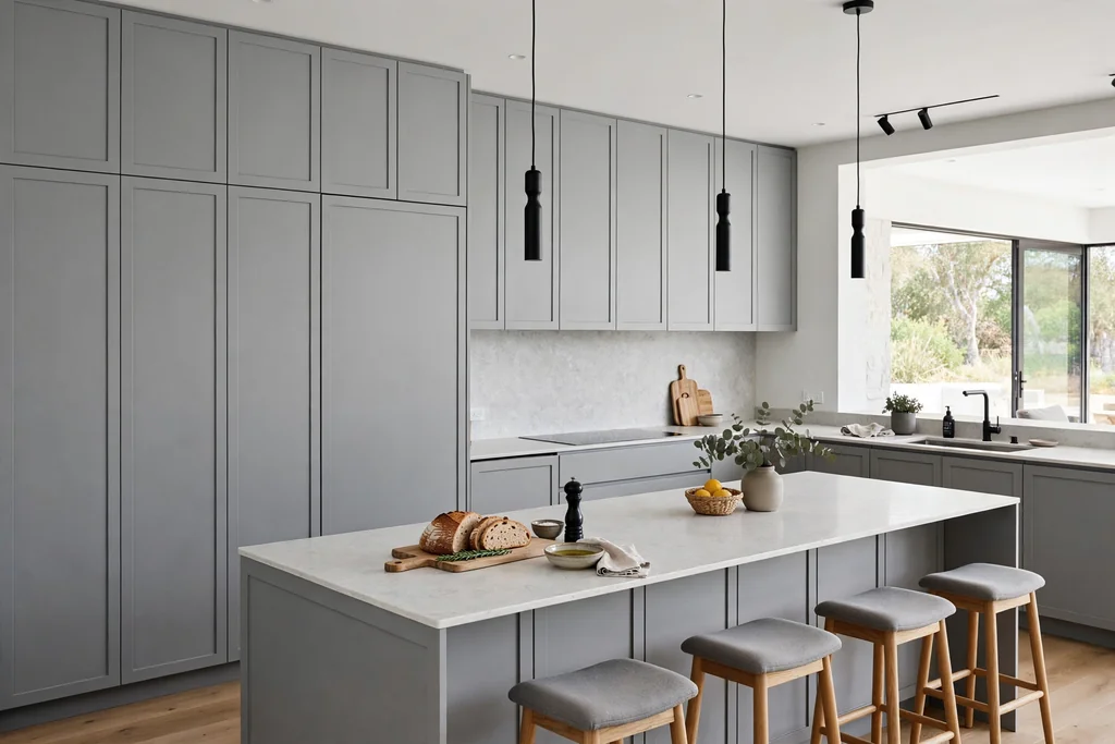 Kitchen with a fridge and dishwasher hidden behind matching grey cabinet panels.