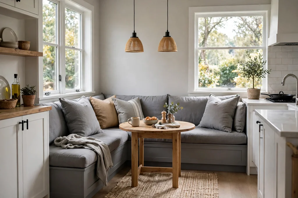 Kitchen nook with a grey banquette bench, cushions, and a small wood table.