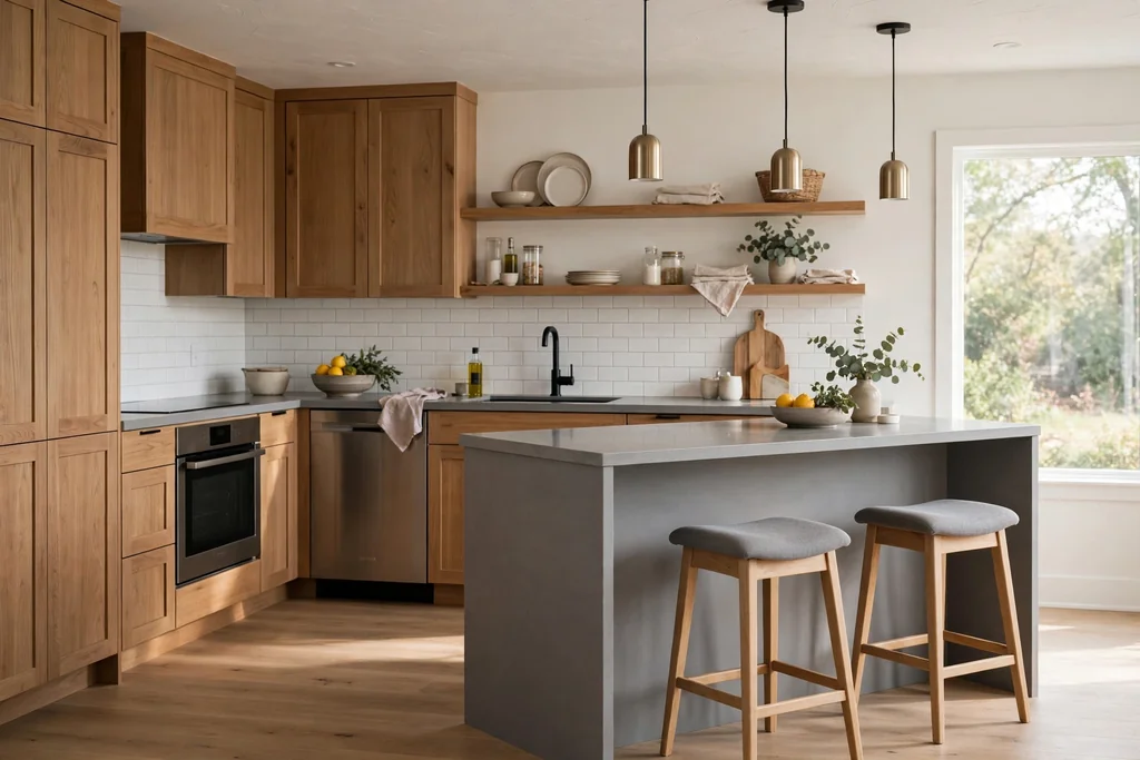 Short grey peninsula breakfast bar with two stools at the open end of a kitchen.