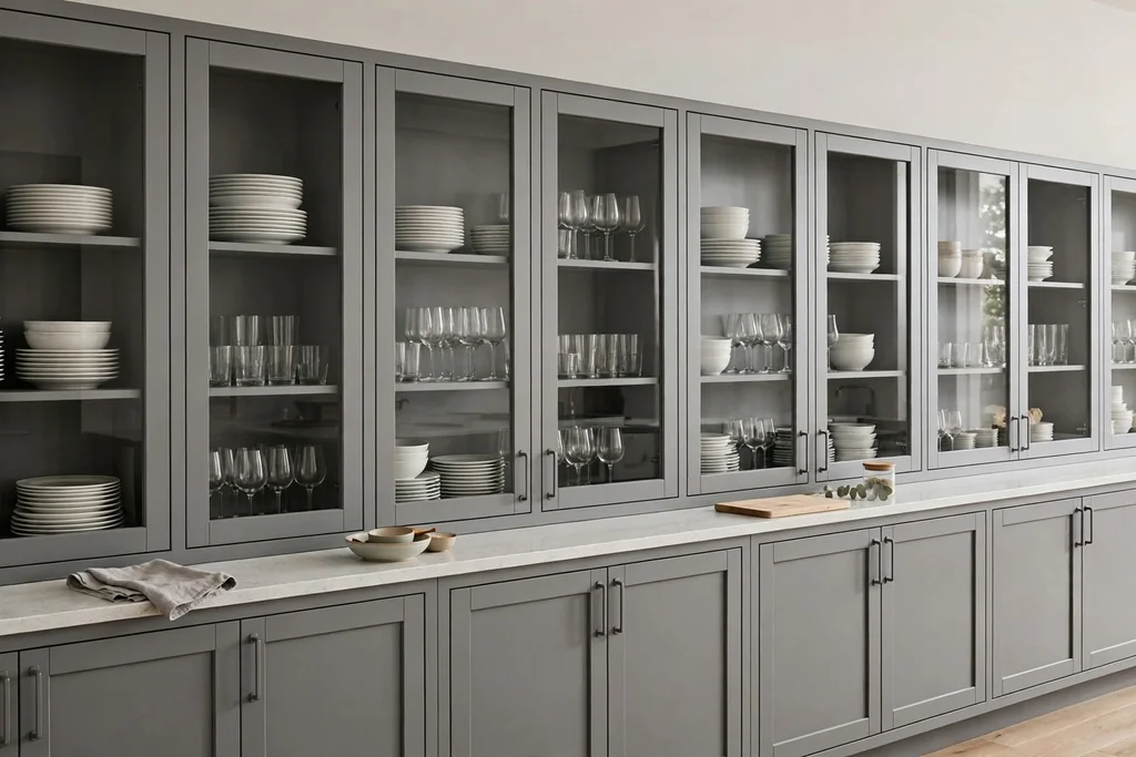 Grey glass front kitchen cabinets holding white plates and glasses on one run.