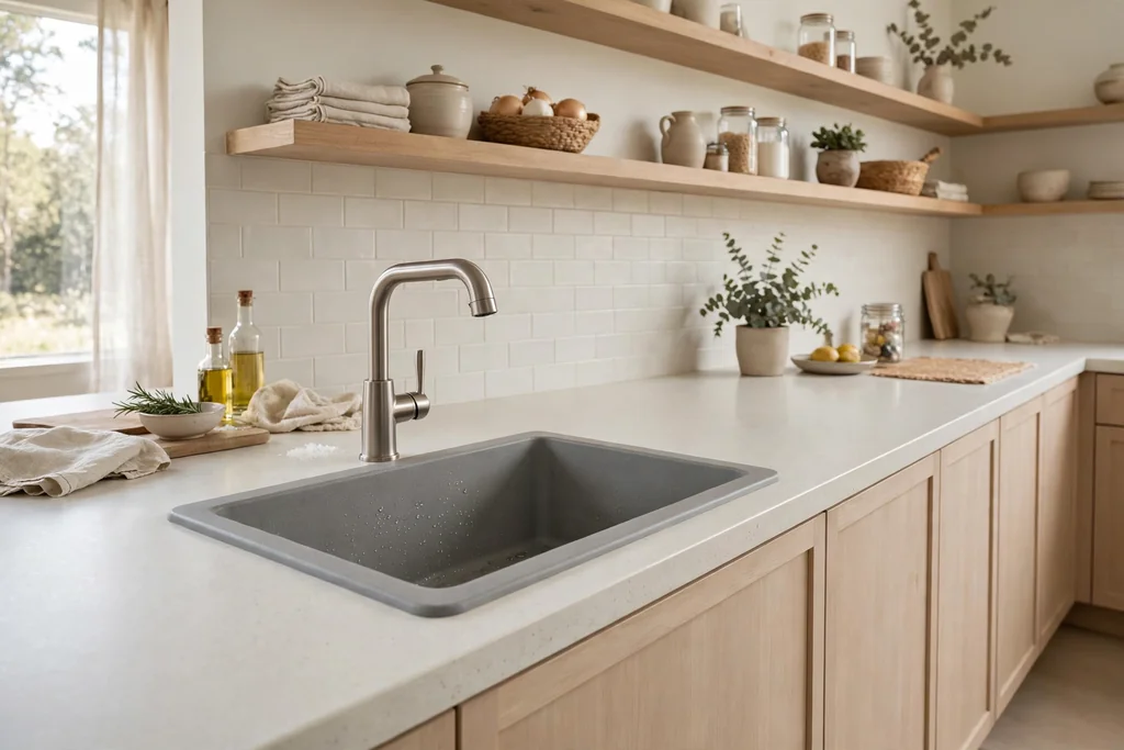 Pale kitchen counter with a grey composite sink and a brushed nickel tap.