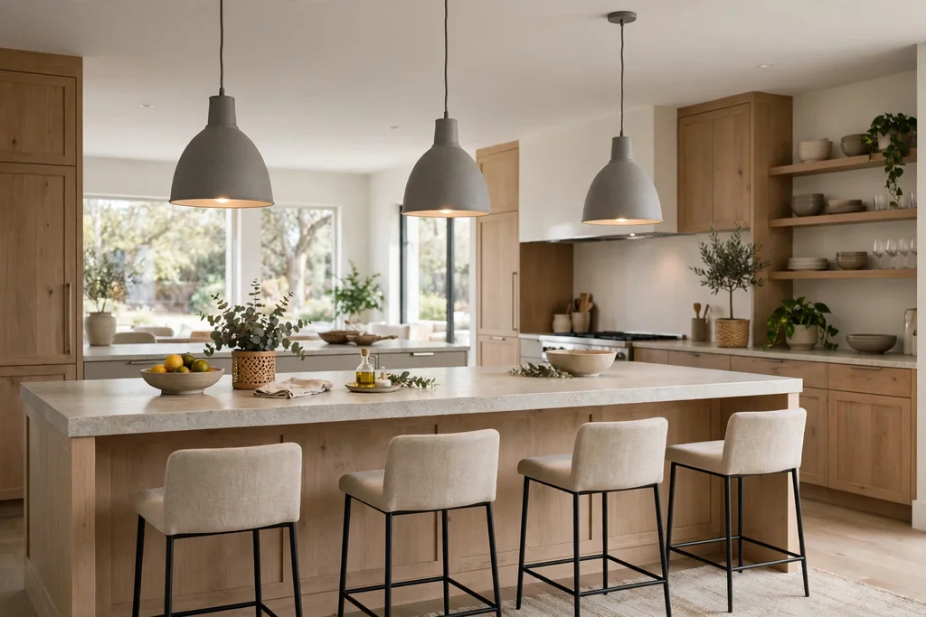 Grey pendant lights hanging over a kitchen island with a light stone top.