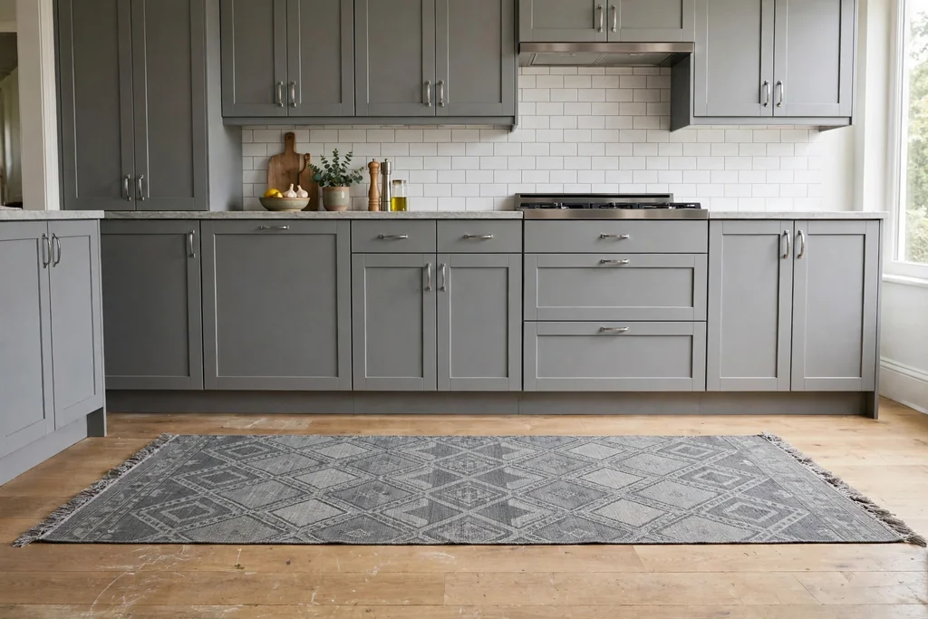 Grey patterned runner rug laid on a kitchen floor in front of grey cabinets.