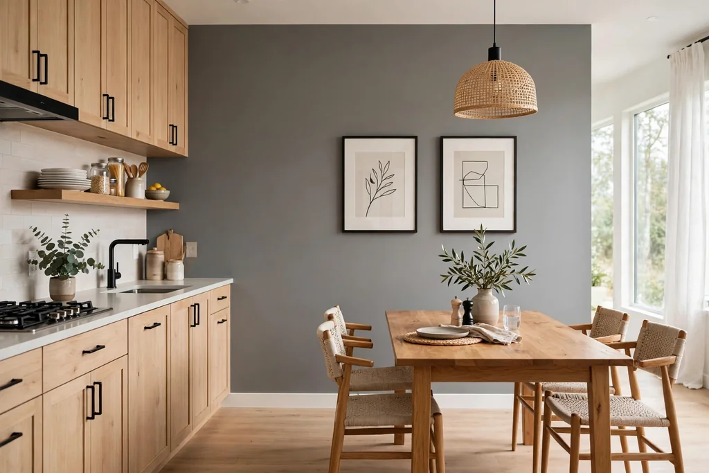 Kitchen dining area with a mid grey accent wall, simple framed art, and a wood table.