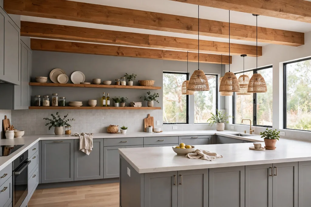 Grey kitchen with warm wood ceiling beams, wood open shelves, and pale counters.