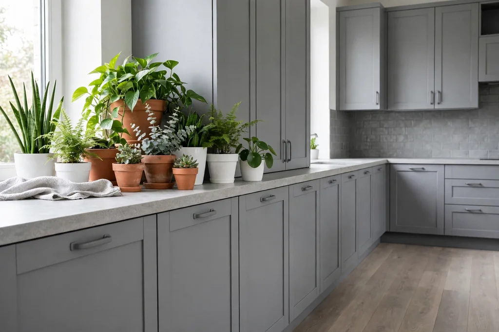 Grey kitchen with green plants in terracotta and white pots beside grey cabinets.