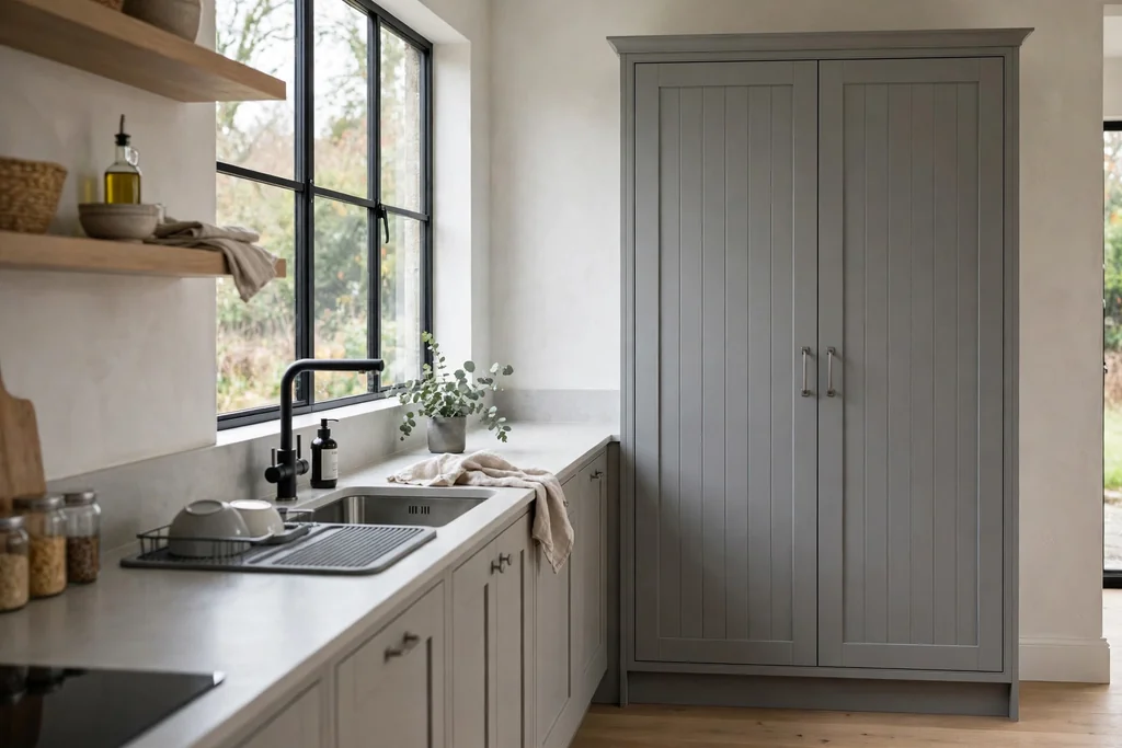 Tall grey utility cabinet with closed doors beside a kitchen sink run.