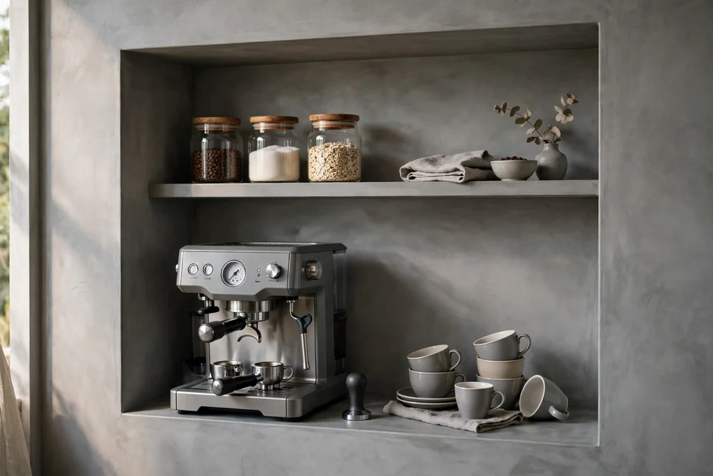 Grey coffee station niche with a coffee machine, cups, and closed jars on a shelf.
