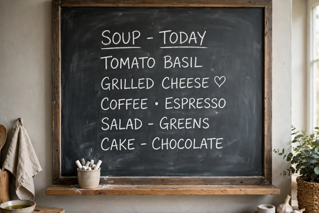 Kitchen wall with a dark grey chalkboard panel, a menu list, and a small chalk cup.