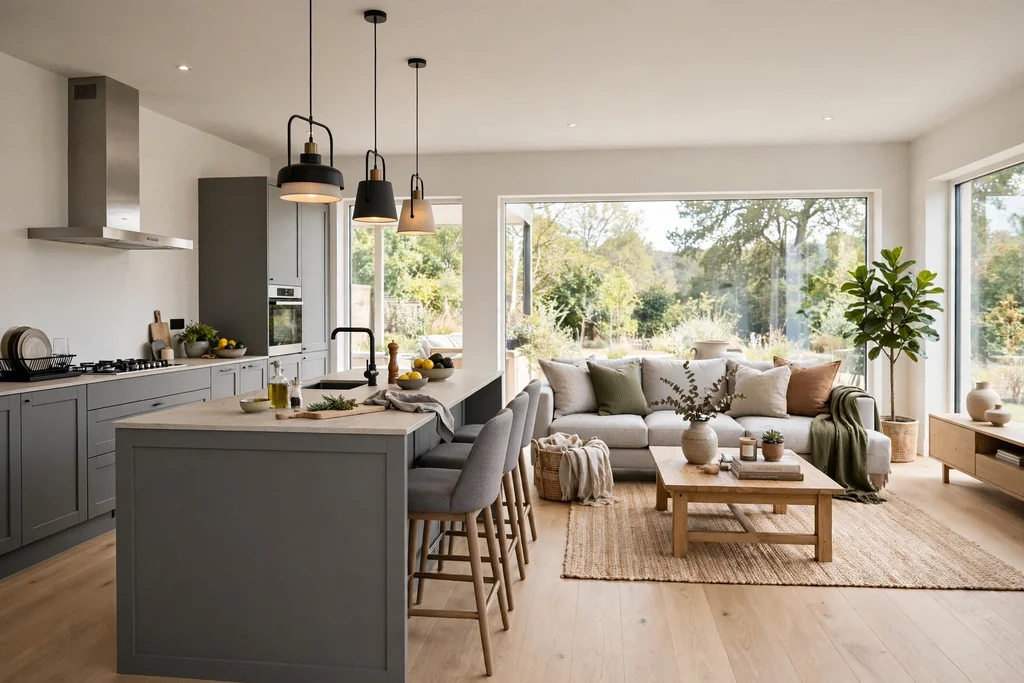 Open plan room with a grey kitchen island marking the cooking area beside a living space.