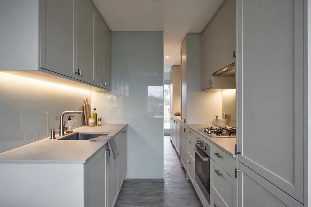 Small grey galley kitchen with a pale grey glass splashback, pale cabinets, and under cabinet lighting.