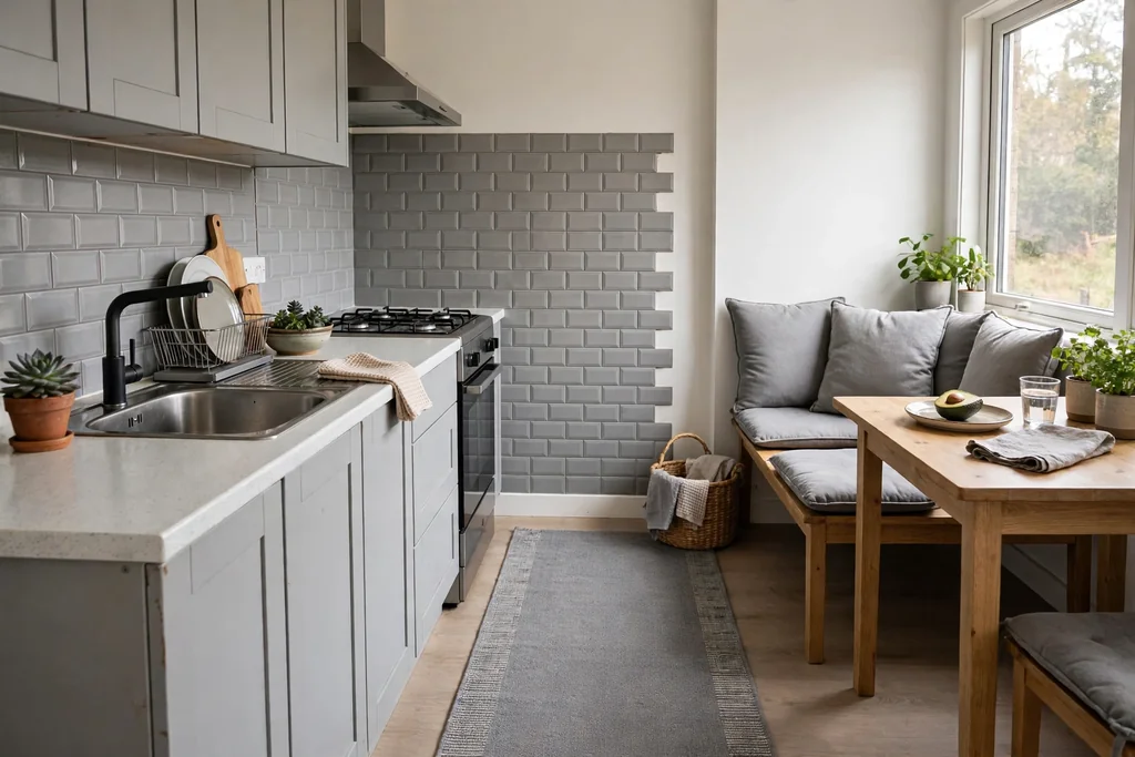 Rental kitchen with removable grey backsplash tiles, a grey runner, and grey seat cushions.