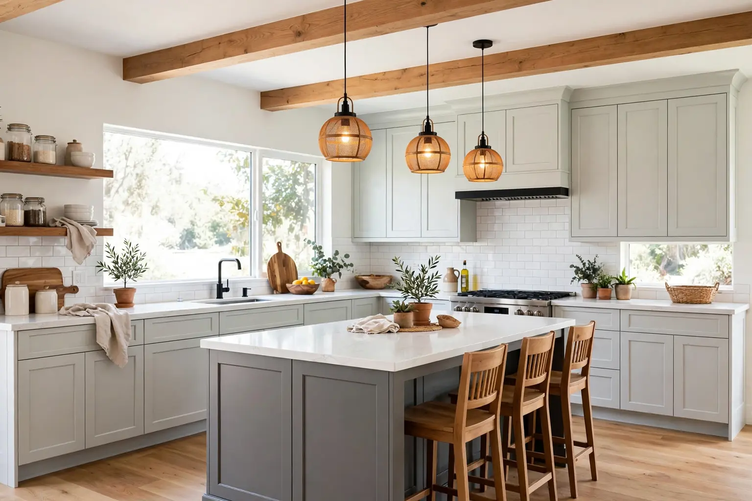 Bright kitchen with pale grey shaker cabinets, white counters, a grey island, and warm wood details.
