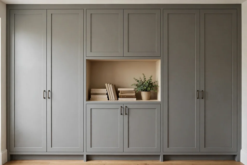 Floor to ceiling grey pantry wall with one open beige niche.