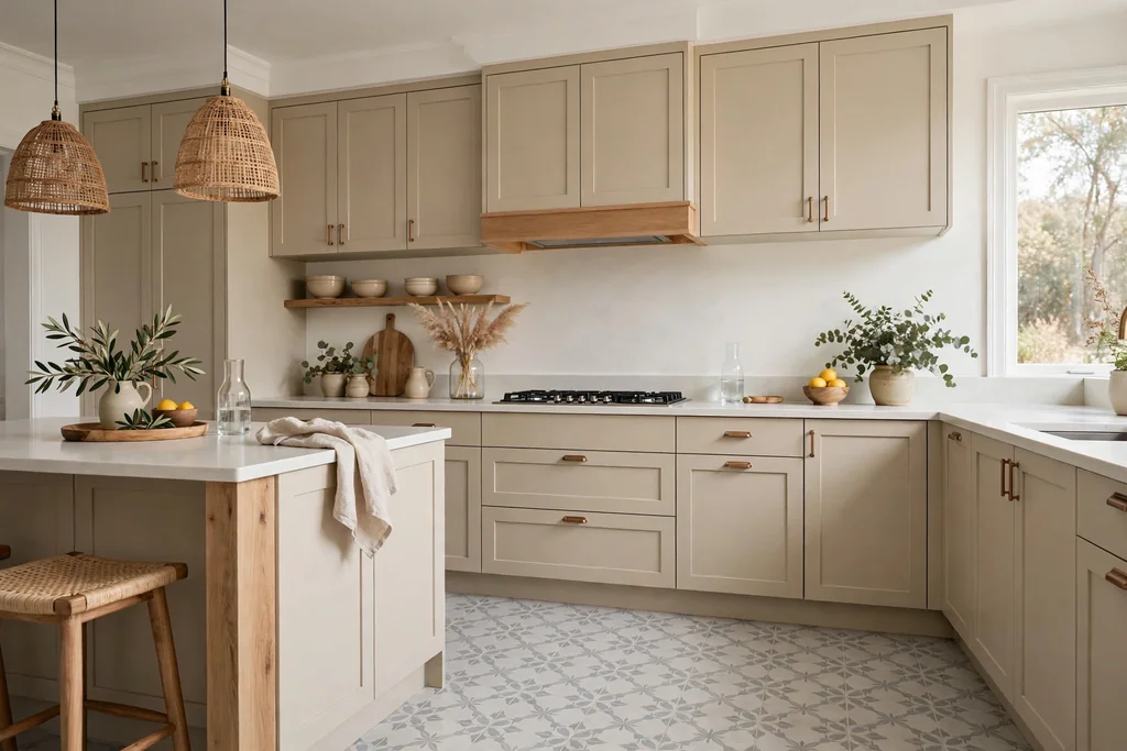 Kitchen with beige cabinets and a grey patterned floor tile.